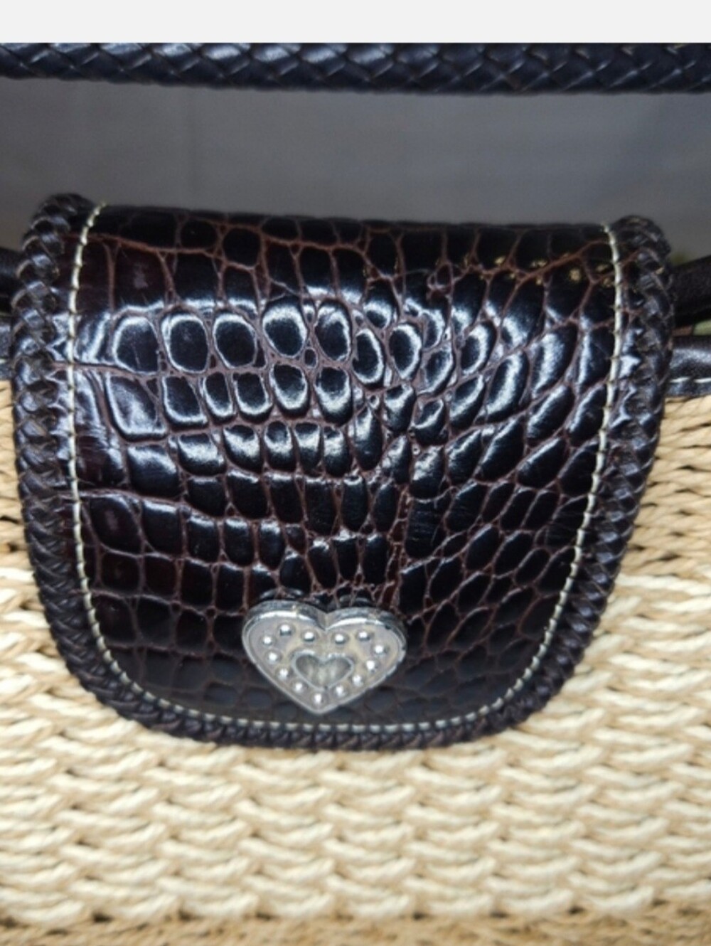 Brighton beige woven straw shoulder Bag black leather trim and a signature - Picture 8 of 12